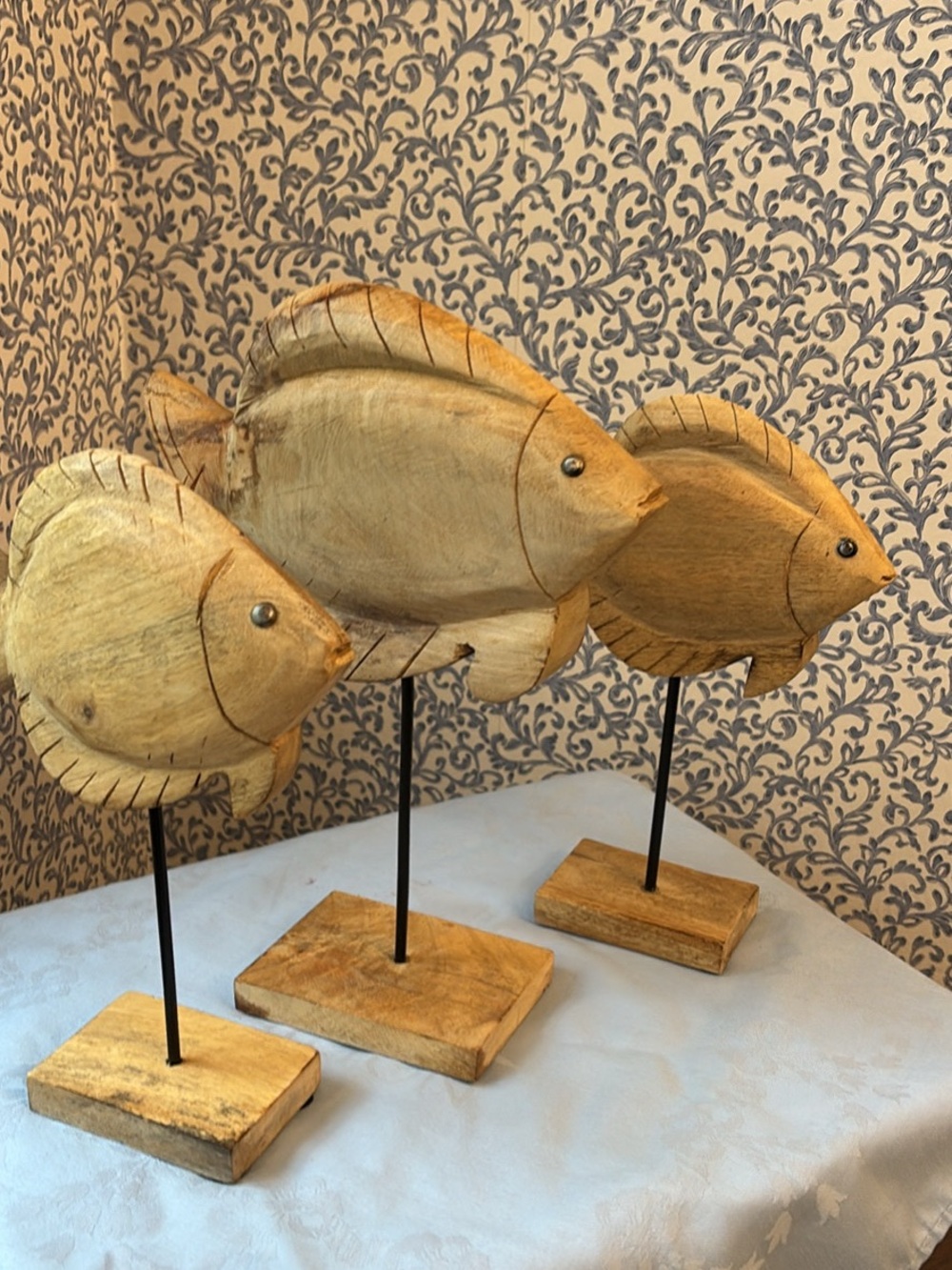 Wooden Fish Trio Sculptures - Natural Wood Tones
